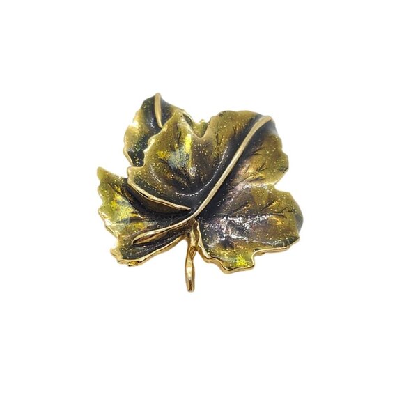 Vintage Autumn Leaf Brooch Green Glitter Enamel Gold Tone - Picture 4 of 10